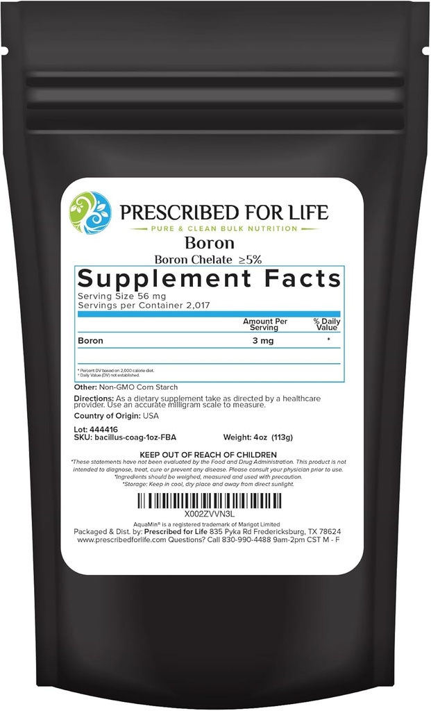 Prescripted for Life Boron Chelate 5% Poudre, Supplément naturel de Boron pour hommes et femmes, sans gluten, végétalien, non OGM (113g)