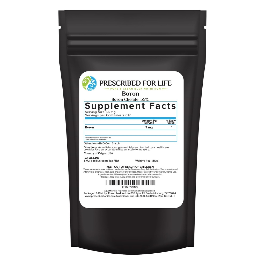 Prescripted for Life Boron Chelate 5% Poudre, Supplément naturel de Boron pour hommes et femmes, sans gluten, végétalien, non OGM (113g)