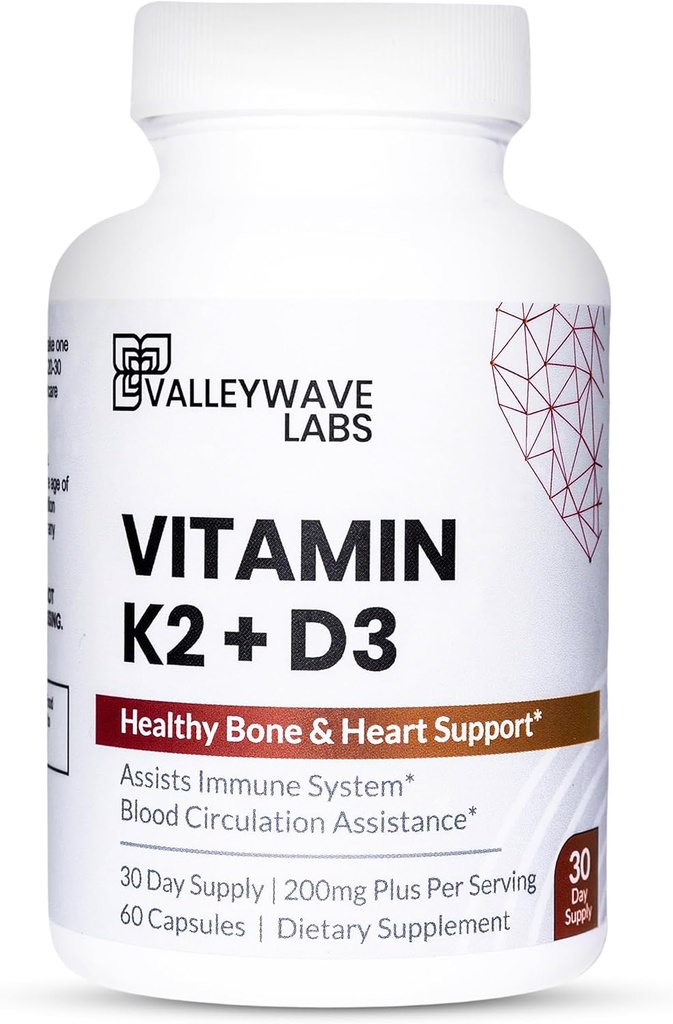 Vitamine D3 K2 Capsules - 2-en-1 Vitamine K2 MK7 100 mcg + VIT D3 5000 UI (125 mcg) Supplément alimentaire pour soutenir le soutien de la santé des os, des dents, des muscles et des immunes*, 60 Nombre