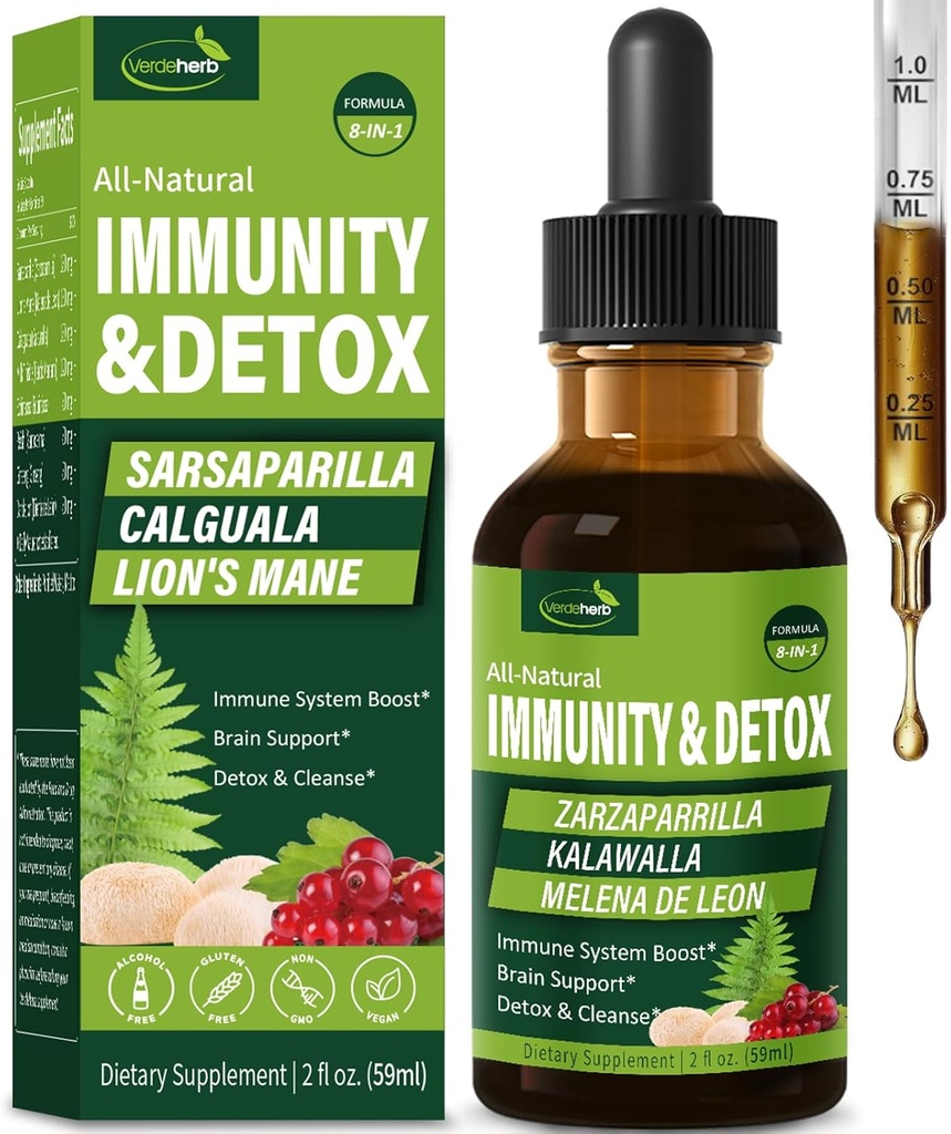 Sarsaparilla et Kalawalla Racine (Polypodium Leucotomos) Immunity & Detox Drops, formule naturelle de soutien à base de plantes immunitaires avec la Mane de Lion. Gotas de Zarzaparrilla, Cardo Mariano et Melena. 2oz