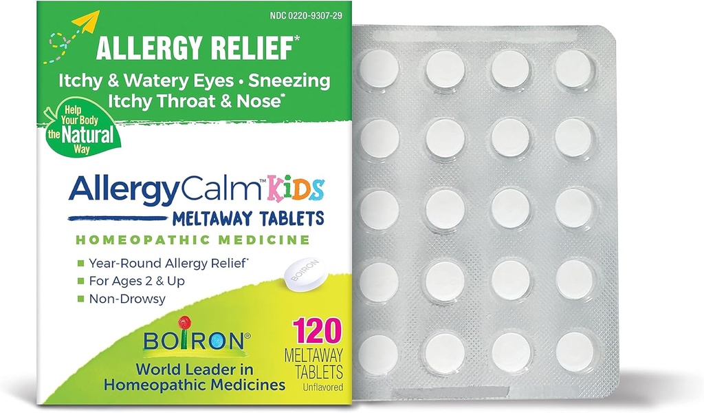 Boiron AllergyCalm Kids Comprimés pour soulager l'allergie et la fièvre du foin Symptômes de l'éternuement, du nez runny et des yeux démangeants ou de la gorge - 120 Comte
