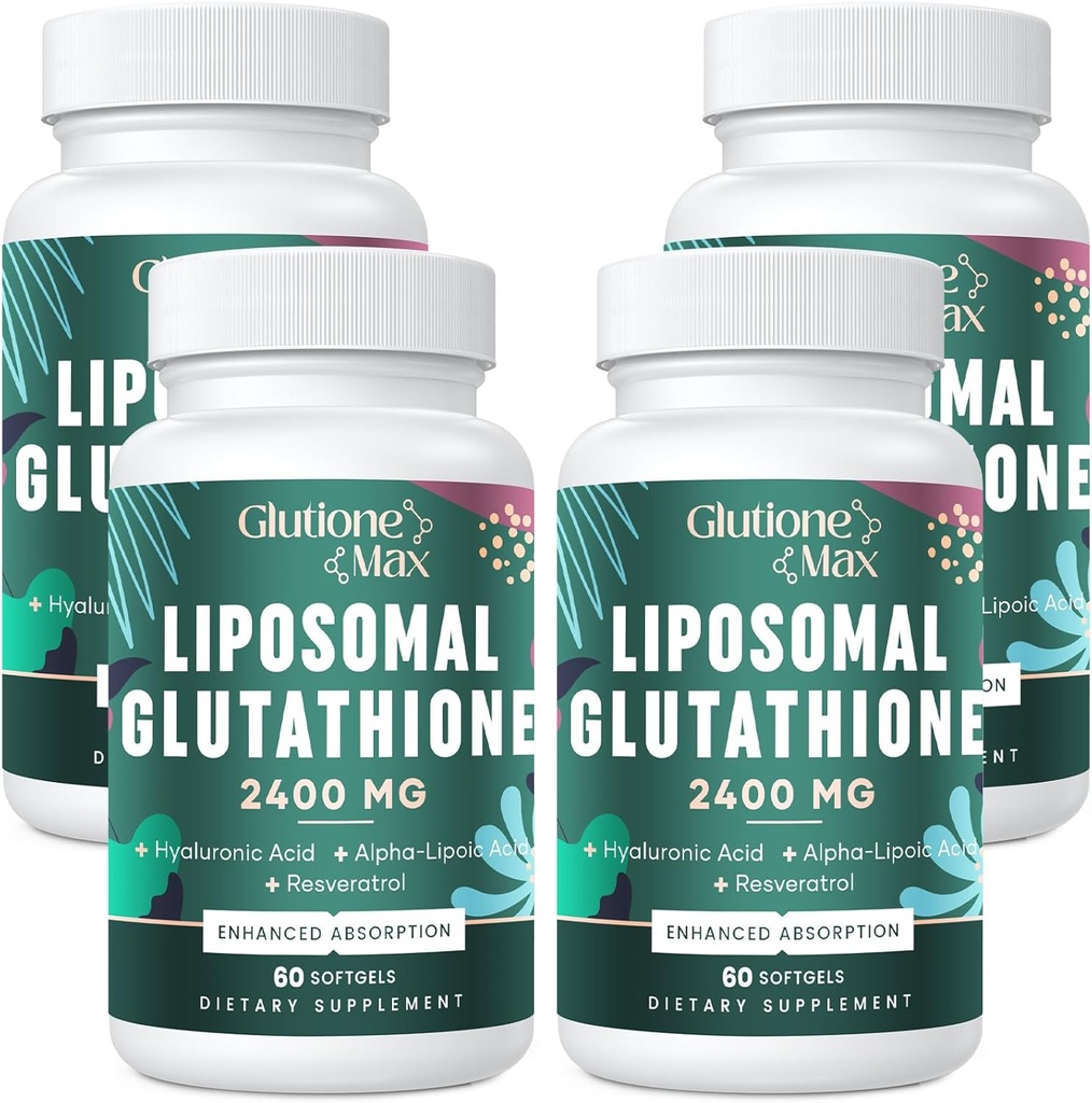 8-en-1 Glutathion liposomique 2400 MG, formule antioxydante à absorption élevée – avec acide hyaluronique, acide alpha-lipoïque, resvératrol - peau, détox hépatique et système immunitaire, 240 softgels