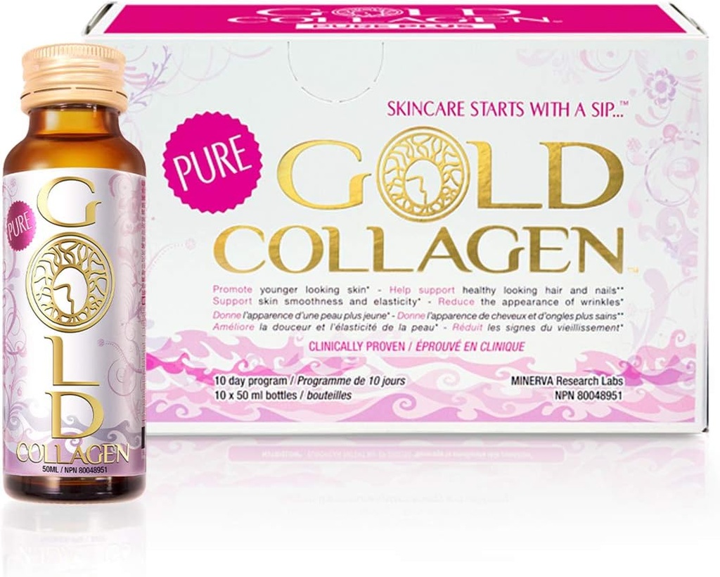 GOLD COLLAGEN Pure - Suppléments collagènes pour les femmes et les hommes avec biotine pour la croissance des cheveux, de la peau et des ongles - Système immunitaire antirides Booster avec acide hyaluronique, vitamine C, B6 et zinc, 1 Pack 10x50 ml