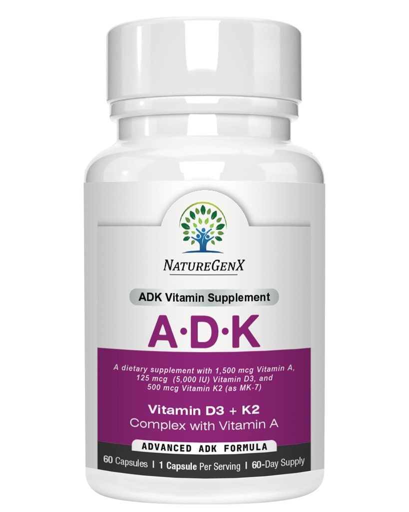 Supplément de vitamine ADK 5000 UI - Vitamines de haute puissance A, D3 et K2 pour la santé des os et l'absorption de calcium.