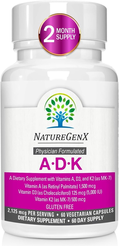 Supplément de vitamine ADK 5000 UI - Vitamines de haute puissance A, D3 et K2 pour la santé des os et l'absorption de calcium.