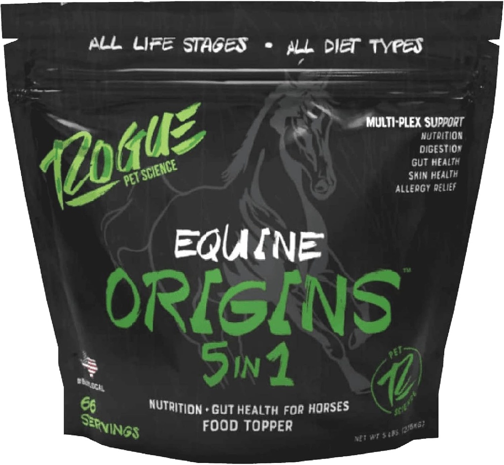 ROGUE PET SCIENCES Origines 5-en-1 Supplément Cheval - Pelleté Équine Food Topper w/Natural Omega 3 Huile de poisson - Soutient Gut Health, Ulcer Relief & Joints-helps Allergies, Skin and Coat Health (5 lbs)