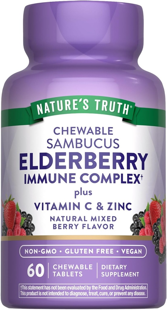 Nature's Truth Elderberry Immune Complex | 60 Chewable Tablets | Plus Vitamin C & Zinc | Mixed Berry | Vegan, Non-GMO, & Gluten Free Supplement
