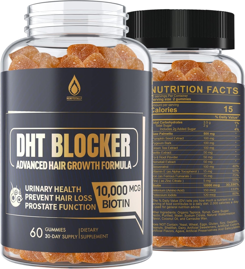 DHT Blocker Gummies Supplément de croissance des cheveux, Super Potency Saw Palmetto & Biotin 10000 mcg pour les femmes et les hommes, Plus 12 mélange propriétaire - prévenir la perte des cheveux, bloquer les récepteurs DHT, équilibre hormonal