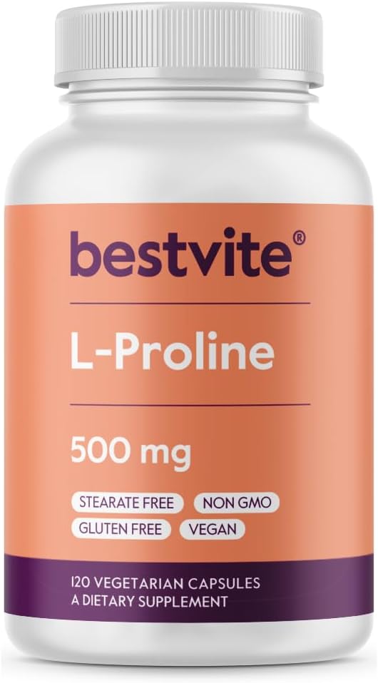 BESTVITE L-Proline 500mg (120 capsules végétariennes) - Pas de stéarate - Pas de remplissage - Vegan - Sans gluten - Non OGM