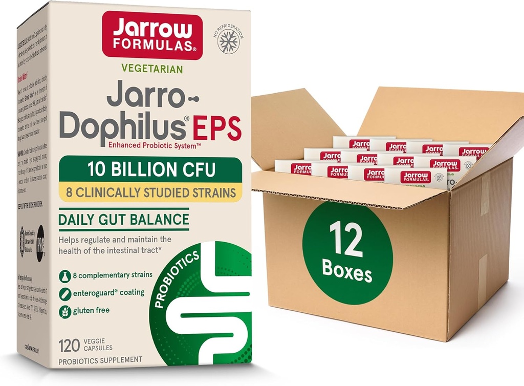 Formules Jarrow Jarro-Dophilus EPS Probiotics 10 Million CFU pour le soutien du trac intestinal, Supplément probiotique pour la santé des femmes et des hommes, 120 Capsules de Veggie, jusqu'à 60 jours,Pack de 12