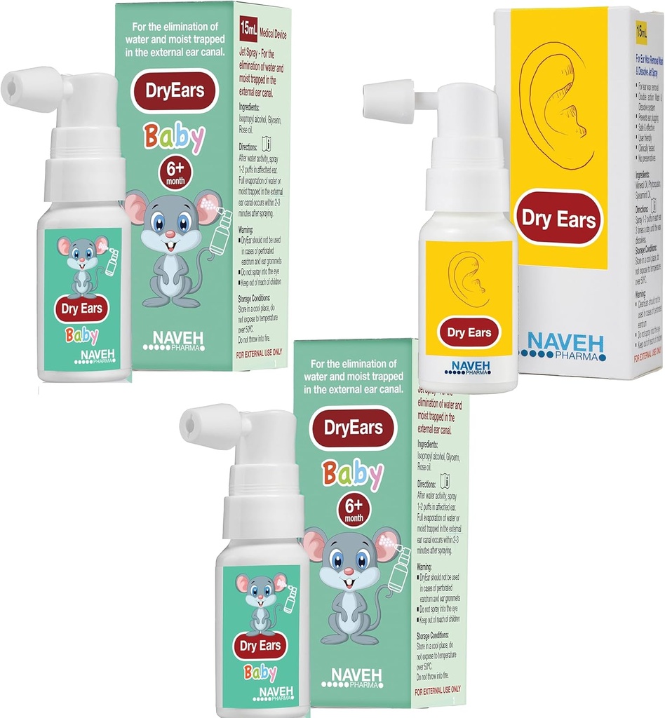 PHARMA NAVEH (2 unités d'oreilles sèches Bébé 0,5 oz + 1 unité d'oreille sèche 1 oz) - Vaporisateur de gouttes d'oreilles de nage - gouttes de séchage de l'oreille pour nageurs Adultes et enfants/Supprimer l'eau emprisonnée dans les oreilles et prévenir, infection,