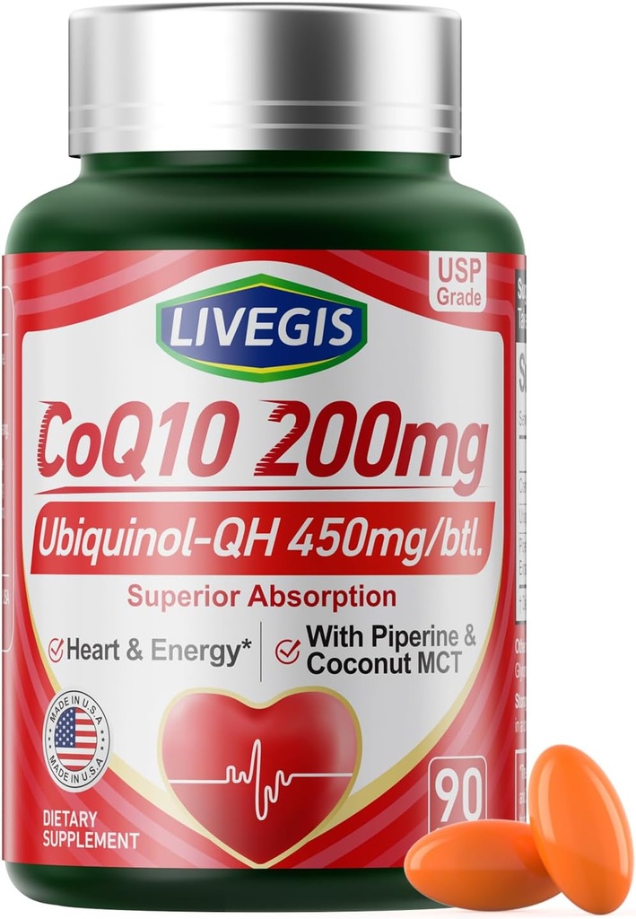 CoQ10 200mg Softgels, Ultra CoQ10 Ubiquinone 200mgAvec l'huile de noix de coco MCT, 5X Absorption Supérieure, Coenzyme Q10 Supplément pour la santé cardiaque et l'énergie - 90comptes
