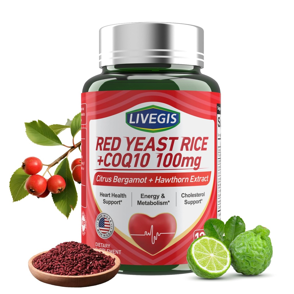 Riz de levure rouge 2000mg avec CoQ10 100mg - Supplément de santé cardiaque sans citrine avec Citrus Bergamot & Hawthorn - soutient les niveaux de cholestérol sain - Végétaux, Capsules non OGM 120 Compte