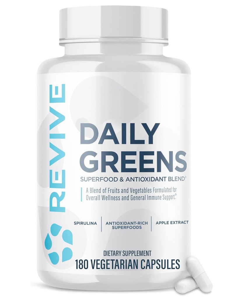 Revive MD Daily Greens Supplément pour les hommes et les femmes - Superfood & Antioxydant Blend avec/enzymes digestives, prébiotiques et probiotiques pour le soutien immunitaire, la santé digestive et Gut - 180 capsules (60 portions)