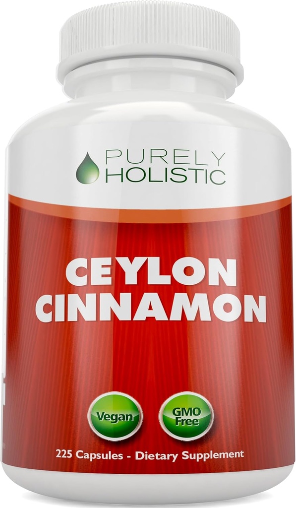Capsules de cannelle purement Holistique Ceylan 1500mg, 225 Capsules de cannelle végétalienne, 75 jours d'approvisionnement (25% de plus de portions), Vrai supplément de cannelle Ceylan Sri Lanka