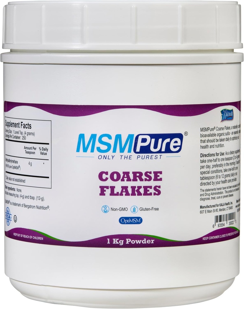 KALA Health MSMPure Coarse MSM Powder Flakes – US-Fabriqué MSM pour la santé articulaire, l'apparence cutanée et le soutien des cheveux et ongles – 2,2 lb, soufre organique