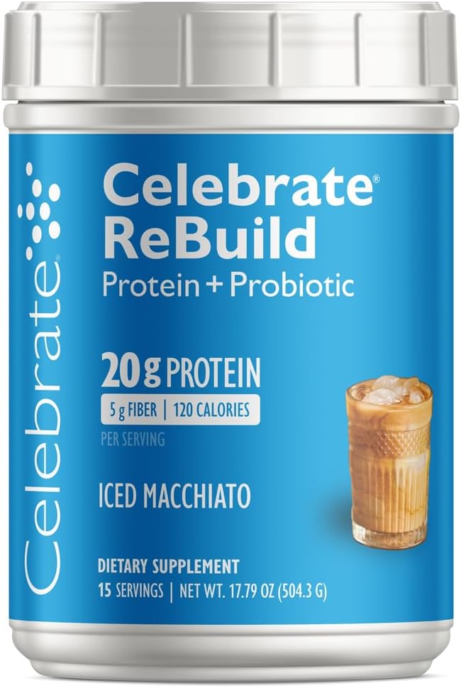 Célébrez les vitamines Reconstruire la poudre de protéines avec les probiotiques et les prébiotiques - 20g Whey Isolate Protéine, haute fibre, pour les patients de chirurgie bariatrique - Iced Macchiato (15 portions)