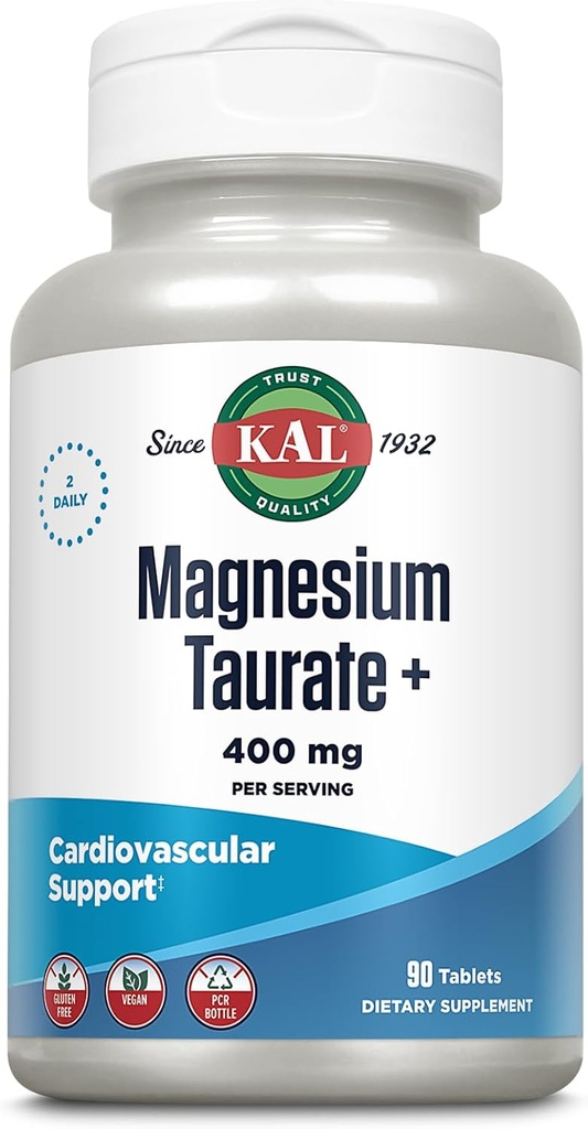 KAL Magnésium Taurate 400mg Plus Coenzyme Vitamine B6, supplément de magnésium chélaté, fonction musculaire saine, Nerve et soutien de santé cardiaque, sans gluten, végétalien, garantie de 60 jours, 45 portions, 90 comprimés