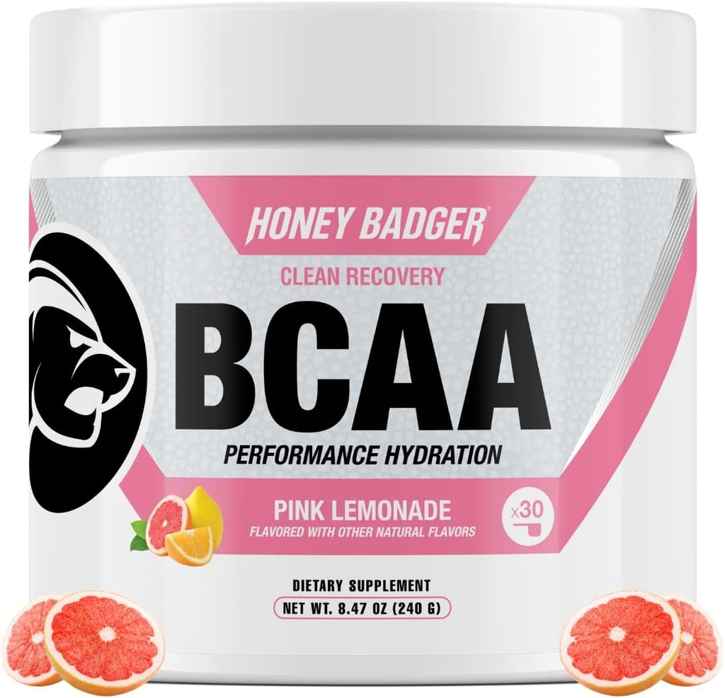 Blaireau au miel BCAA + EAA Amino Acides Poudre, BCAA + L-Glutamine, Keto, Vegan, Sans sucre pour les hommes et les femmes, Hydratation et post entraînement Muscle Recovery Drink Mix, Cimonade rose, 30 portions