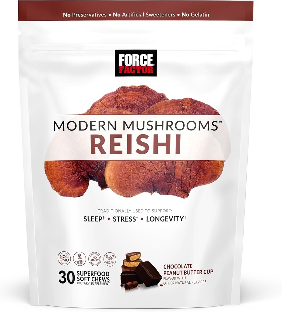 FACTEUR DE FORCE Champignons modernes Soft Chews, Reishi Mushroom Supplément pour soutenir le sommeil, le stress et la longévité, Supplément antioxydants, délicieuse tasse de beurre d'arachide au chocolat, 30 Chews doux