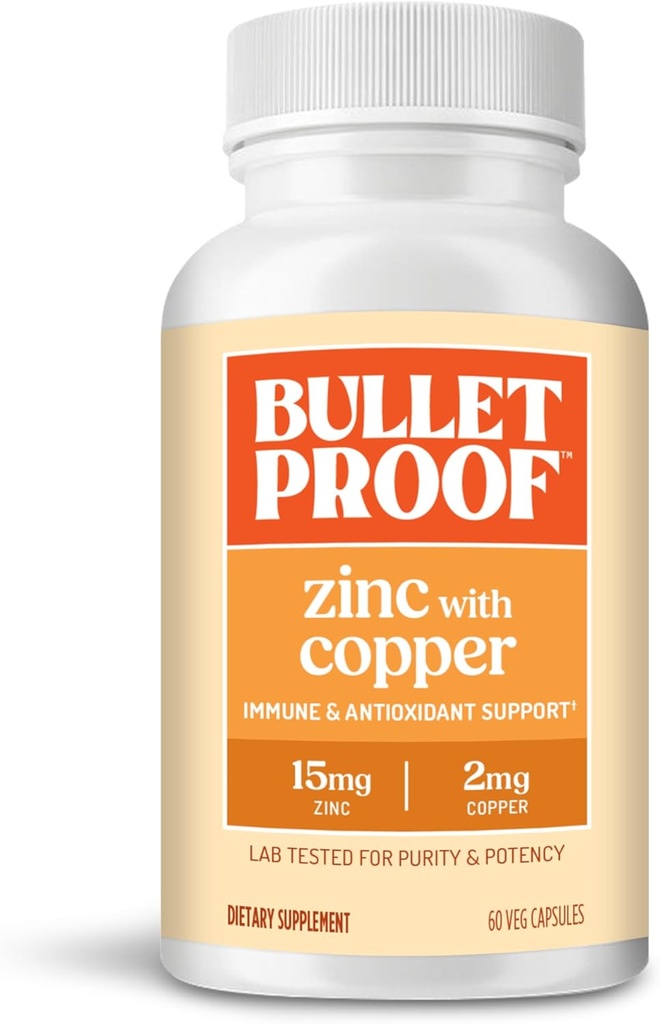 Zinc Bulletproof avec Capsules de cuivre, 60 Compte, Minéraux et Supplément Antioxydant pour l'immunité et l'humeur