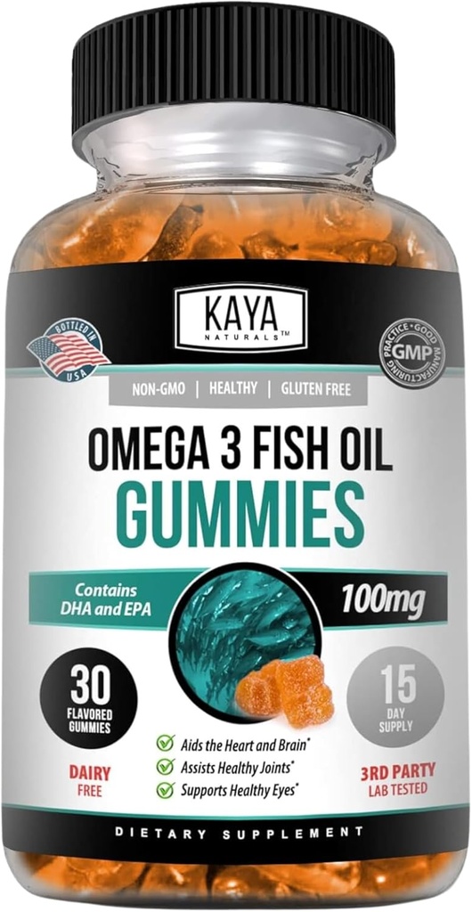 Kaya Naturals Omega 3 Huile de poisson Gommies - Supplément d'huile de poisson avec EPA et DHA Acides gras - Aide à soutenir le cerveau, l'oeil, la santé du coeur et le soutien immunitaire - Non-OGM - 30 Compte