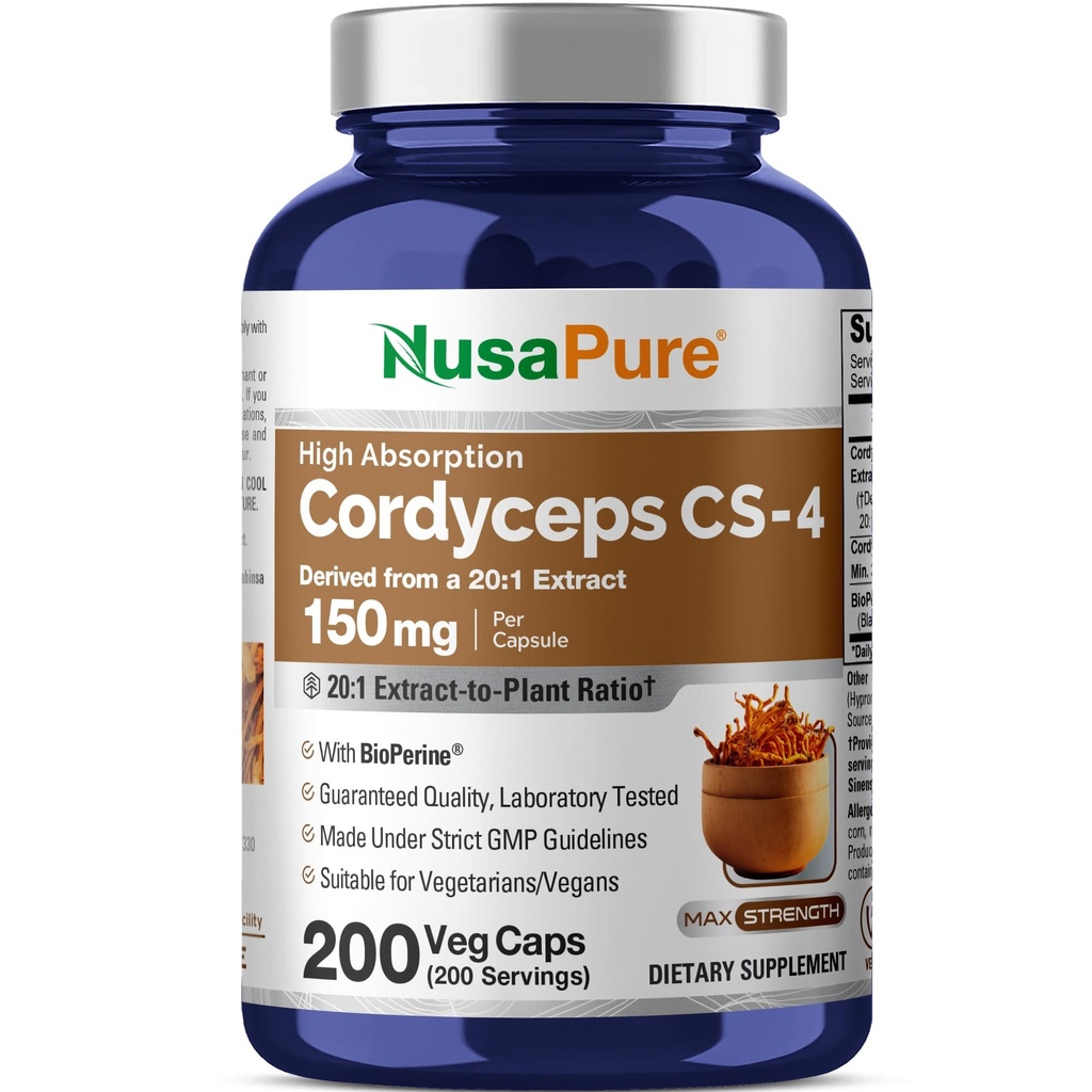 NusaPure Cordyceps 20:1 Extrait, 150 mg Équivalent à 3000mg 200 Capsules de Véggie (Sinensis CS-4, Non-OGM, Vegan) Biopérine