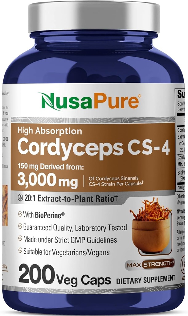 NusaPure Cordyceps 20:1 Extrait, 150 mg Équivalent à 3000mg 200 Capsules de Véggie (Sinensis CS-4, Non-OGM, Vegan) Biopérine