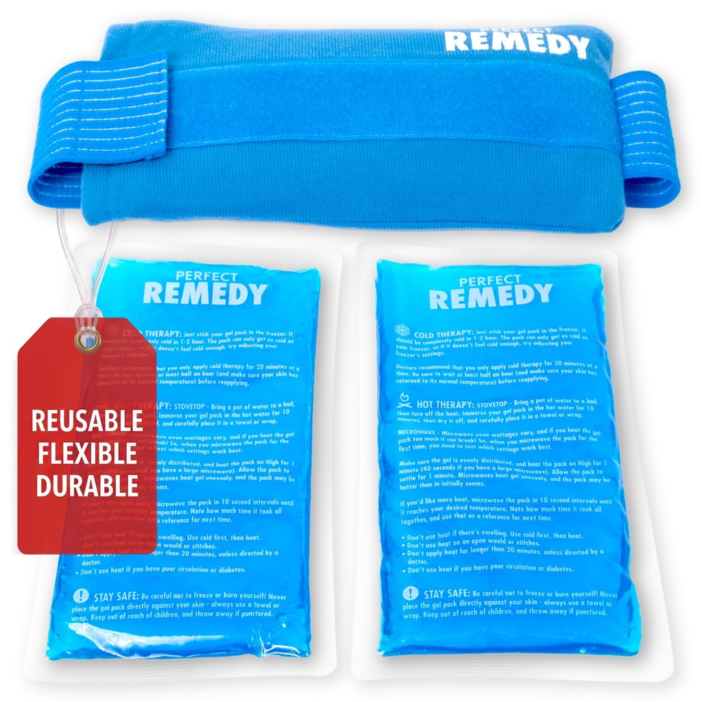 Perfect Remedy 2-Pack Gel Ice Packs for Injuries with Strap Cover, Flexible Hot Cold Compress, Soothing Soft Ice Packs for aid in Injuries Conditions, Alternative to Hot Water Bottles (Blue, Regular)