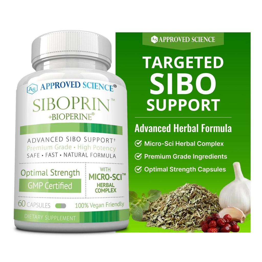 Science approuvée Siboprin - 60 Capsules - Soutien Gut Balance, Soothe Irritation intestinale, Aide avec les crampes et le ballonnement - Acid Caprylique, Barberry, Oregano - Vegan