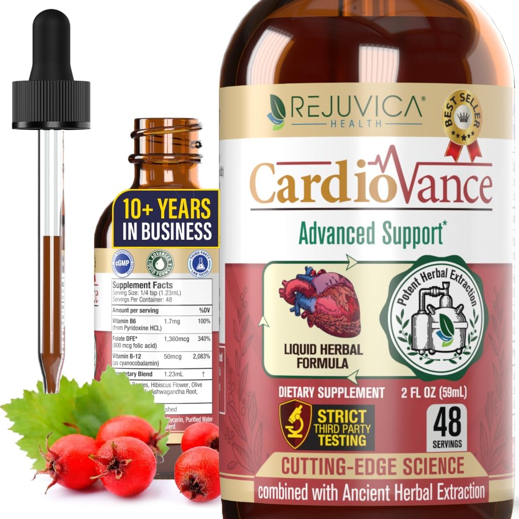 Rejuvica Health CardioVance - Supplément de soutien cardiaque - Livraison liquide pour une meilleure absorption - Hawthorne, Hibiscus, Arjuna, Olive Leaf & More!
