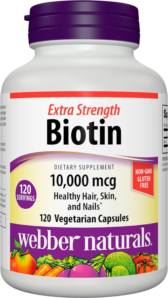 Webber Naturals Biotin 10,000 mcg, Extra Strength, 120 Capsules, Healthy Hair, Skin & Nails, Vitamin Supplement, Vegan
