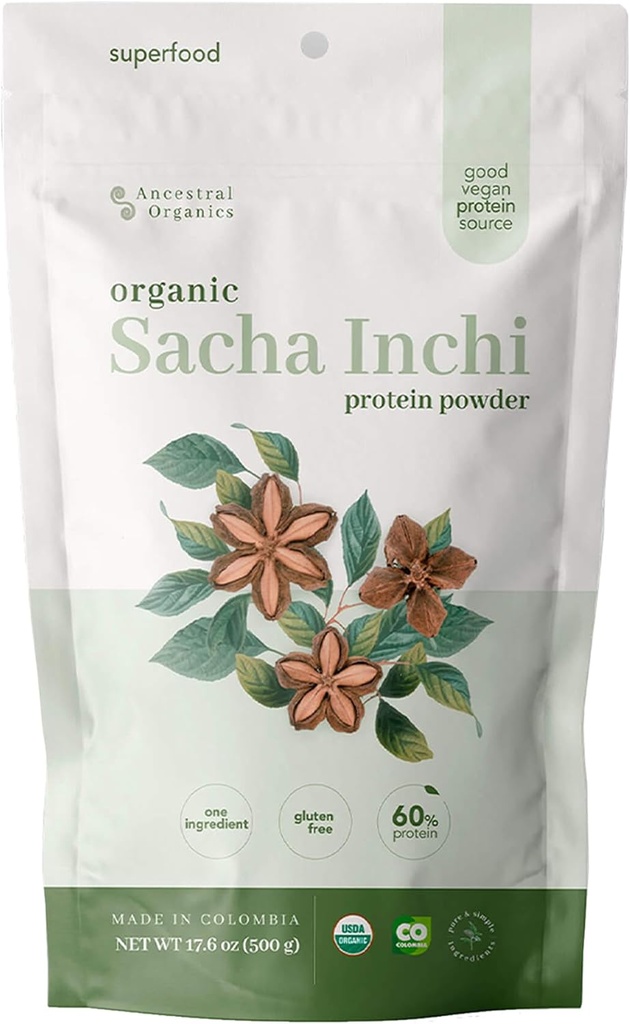 ANCESTRAL Organics Poudre de protéines végétaliennes, Sacha Inchi Certified Organic Superfood - 17g Protéines végétales - Nutrient Rich - Sans gluten, sans lait, sans sucre - 1.1lb