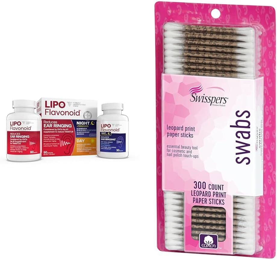 Lipo-Flavonoïde Jour et Nuit Kit de Combo de Relief d'Acouphène avec Vitamines, 90 Caplets et Swisspers Swabs de coton Premium, 300 Compte