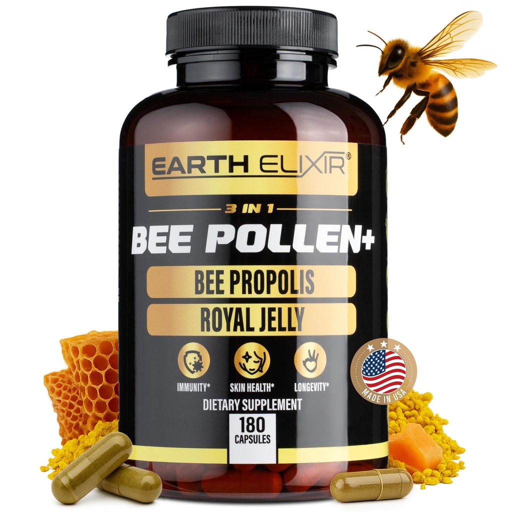 Earth Elixir 3-en-1 Organic Bee Pollen Capsule – Non-OGM, Pure Raw Bee Pollen, Royal Jelly, Extrait de propolis pour les femmes et les hommes – Énergie naturelle, Imune & Vitalité Support – 180 capsules de propolis