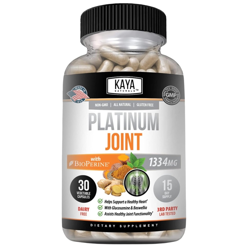 Kaya Naturals Platinum Mobility Turmeric - Biopérine, Glucosamine, Turmeric avec Boswellia, Healthy Natural Mobility Support, Curcumine Turmère 1334mg - 30 Capsules