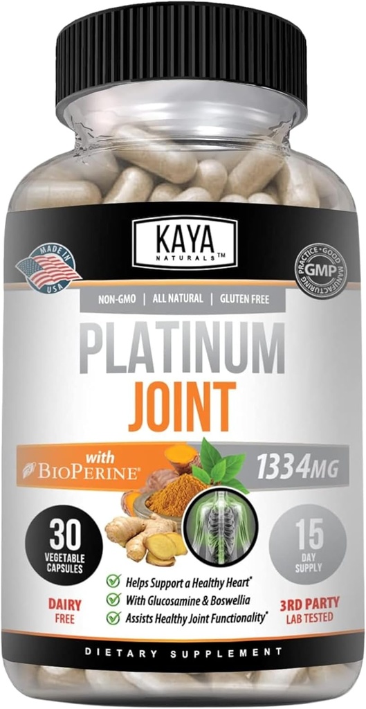Kaya Naturals Platinum Mobility Turmeric - Biopérine, Glucosamine, Turmeric avec Boswellia, Healthy Natural Mobility Support, Curcumine Turmère 1334mg - 30 Capsules