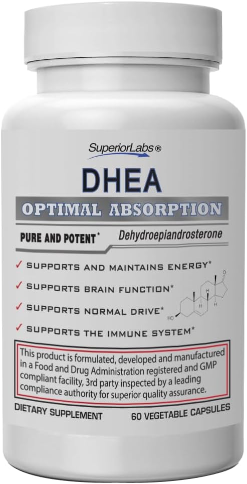 Superior Labs – Extra Strength Natural DHEA – Dose sans OGM 100 mg, 60 capsules végétales – favorise le vieillissement en santé chez les hommes et les femmes – aide à rétablir des niveaux d'énergie jeunes