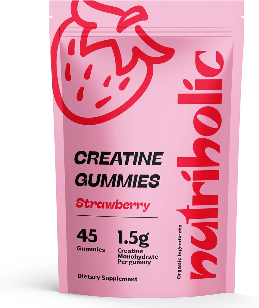 Creatine Monohydrate Gummies for Men and Women - Easy to Digest, Vegan, Gluten-Free, Non-GMO, 1.5g of Creatine per Gummy - 45ct (45 Count, Strawberry)