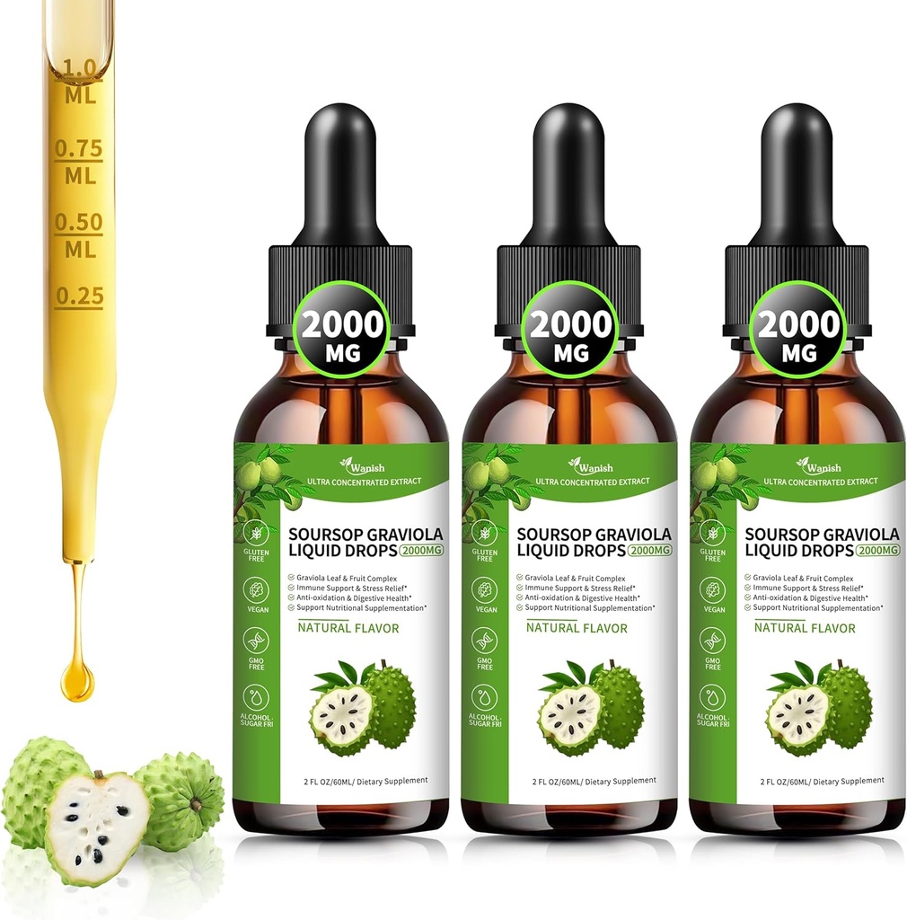 (3 Pack)Soursop Graviola gouttes liquides 2000mg, 98% Absorption Sursop Bitters Liquide pour le soutien et la régénération des cellules, Immune Boost, Foie, Bonneté à base de plantes, Sans sucre/Gluten, Saveur naturelle, 6 Fl Oz