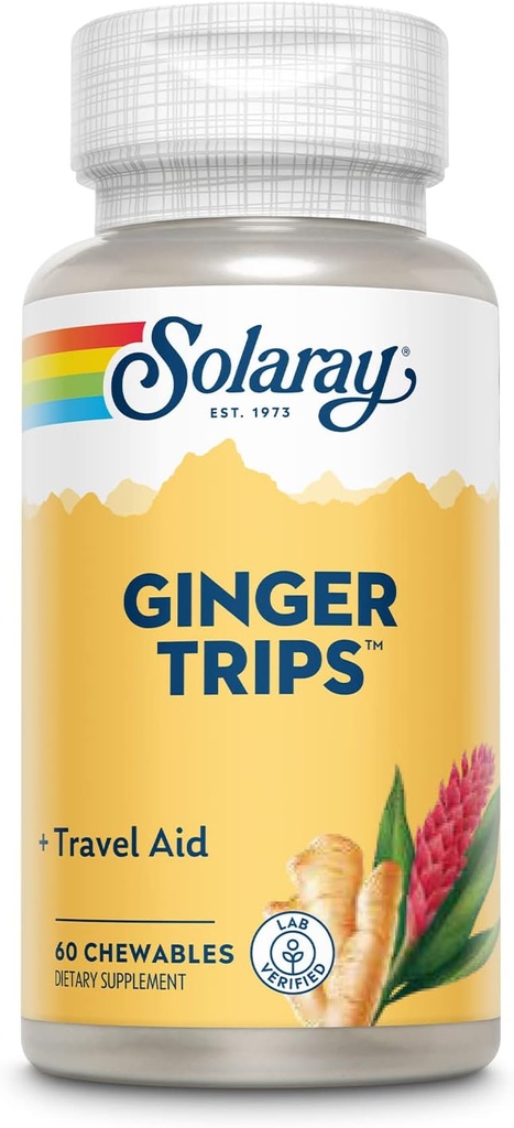 SOLARAY Ginger Voyages Aide Voyages Extract de racine , Soutien digestif sain avec/Honey, Stevia & Molasses , 60 Chewables