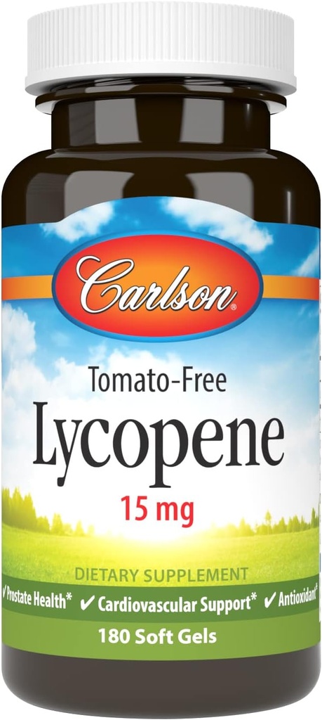 Carlson - Lycopène, 15 mg, sans tomates, Prostate Health & Circulation Support, Bien-être optimal, 180 Softgels