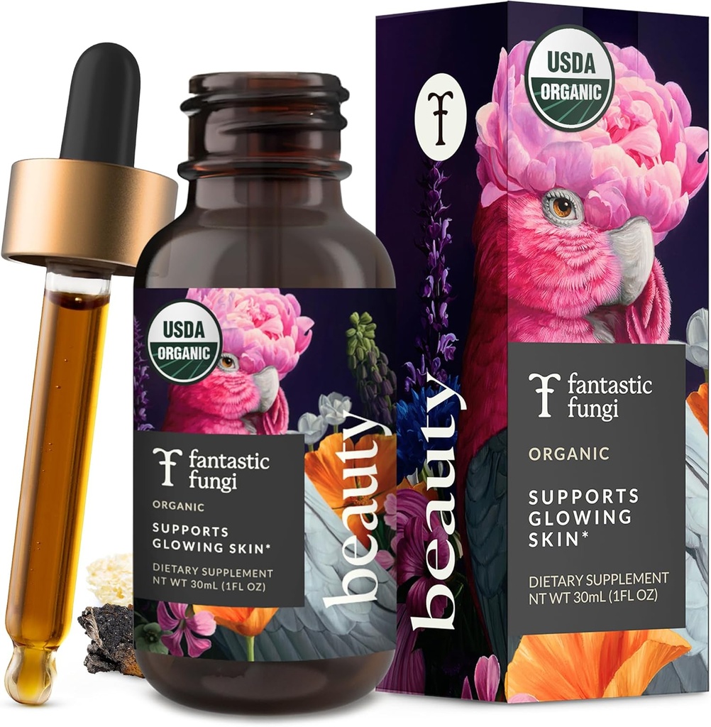 Fantastic Fungi Beauty Elixir avec Tremella Mushroom Extract, Chaga Mushroom Extract, Horsetail & Acerola - gouttes biologiques pour cheveux, peau et ongles sains - Formulé aux États-Unis - 30 portions, 1 fl oz