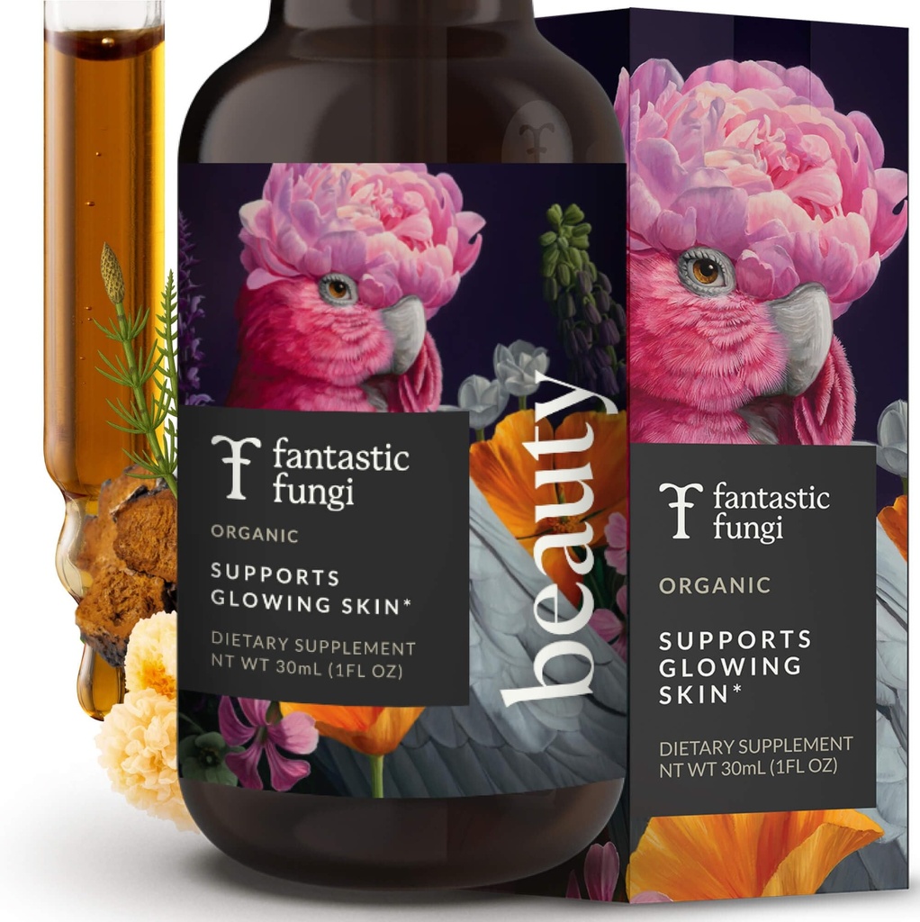 Fantastic Fungi Beauty Elixir avec Tremella Mushroom Extract, Chaga Mushroom Extract, Horsetail & Acerola - gouttes biologiques pour cheveux, peau et ongles sains - Formulé aux États-Unis - 30 portions, 1 fl oz