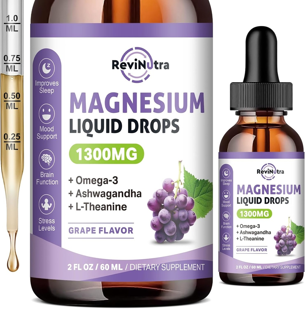 Triple complexe de magnésium gouttes liquides - 1300mg Magnésium Glycinate, Taurate et Citrate avec Oméga3, L-Theanine, Ashwagandha, Potassium - Soutien Sommeil, Nerve, Immune, Énergie - Arôme de raisin, 2 Fl OZ