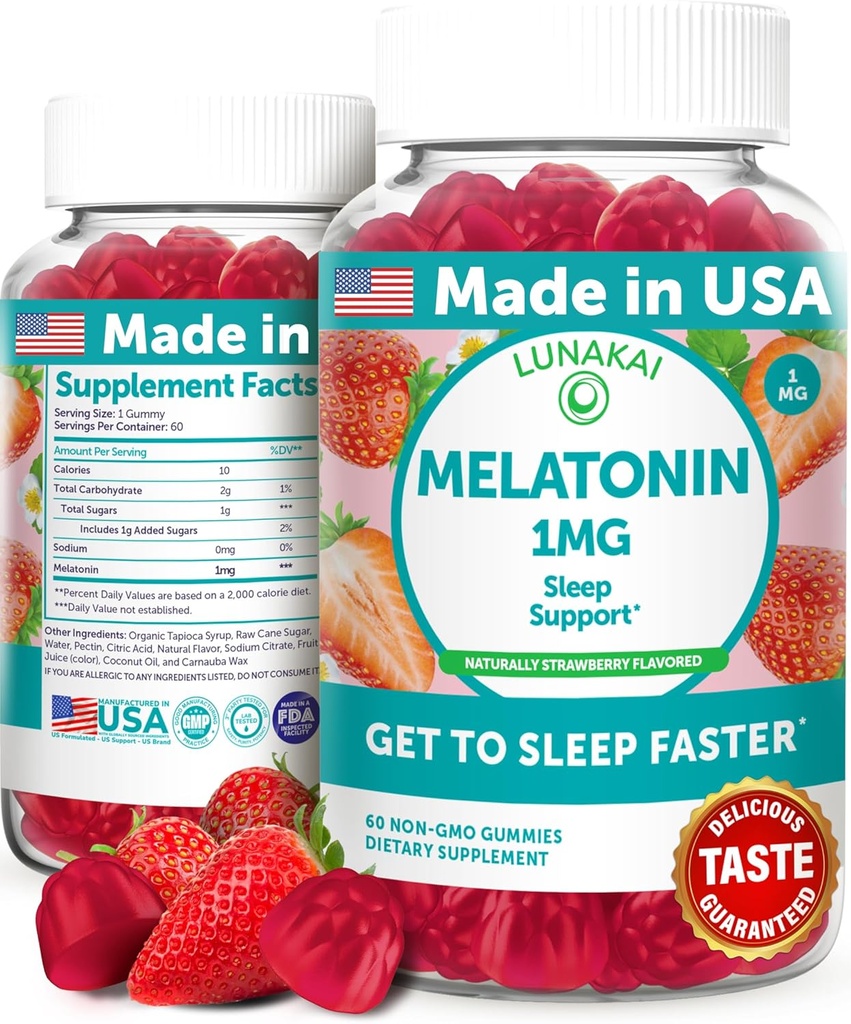 Lunakai États-Unis fait faible dose Mélatonine Gommies 1mg - Aide au sommeil douce pour les adultes et les enfants - Non-OGM, végétalien, sans gluten - 60 Compte
