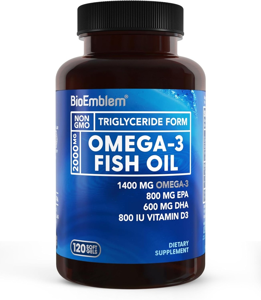 BioEmblem Omega-3 Fish Oil 2000mg - Small Size Softgels, High Absorption Form, Sustainable - 1400mg EPA &DHA Plus Vitamin D3, Non-GMO, Heart, Joint, & Brain Health Fish Oil Supplement, 120 Ct