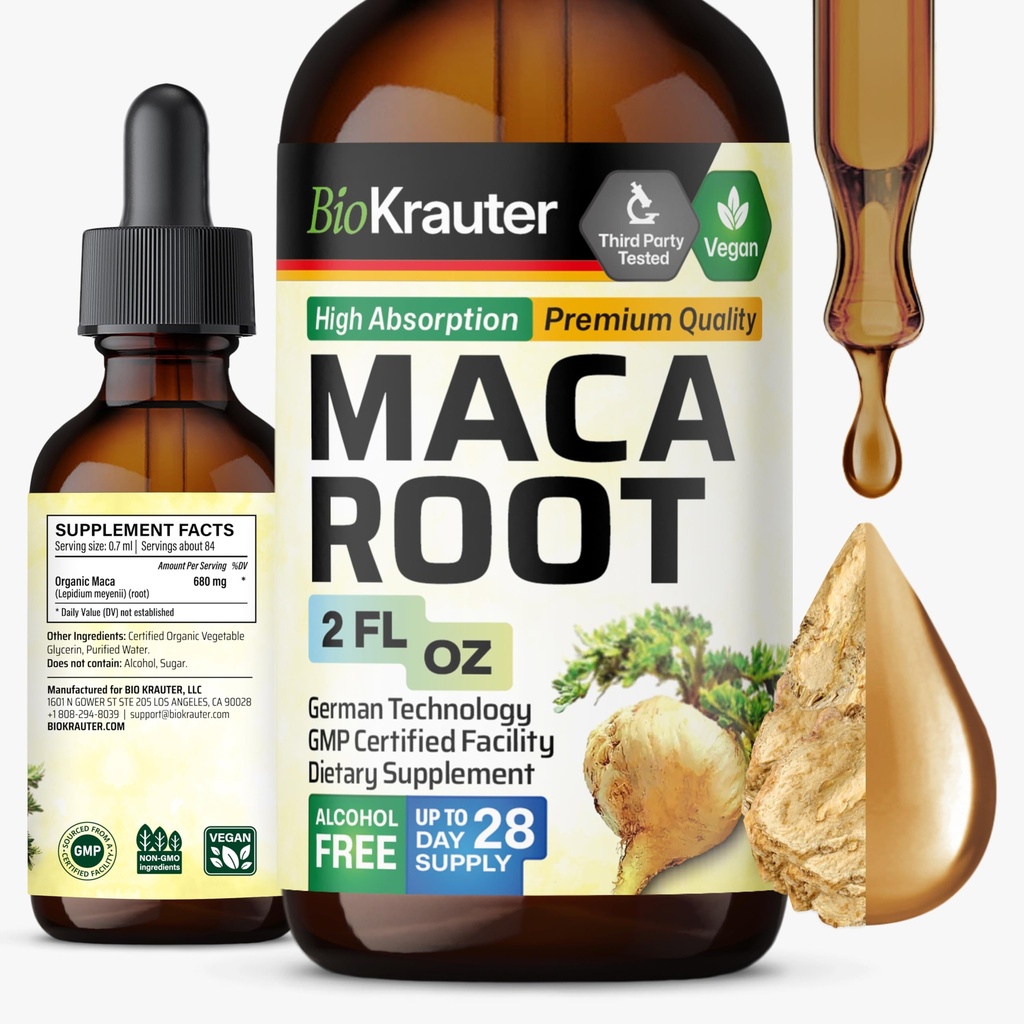 BIO KRAUTER gouttes liquides de racine de maca - Teinture de racine de maca - Vegan, sucre et sans alcool extrait 2 Fl.Oz.