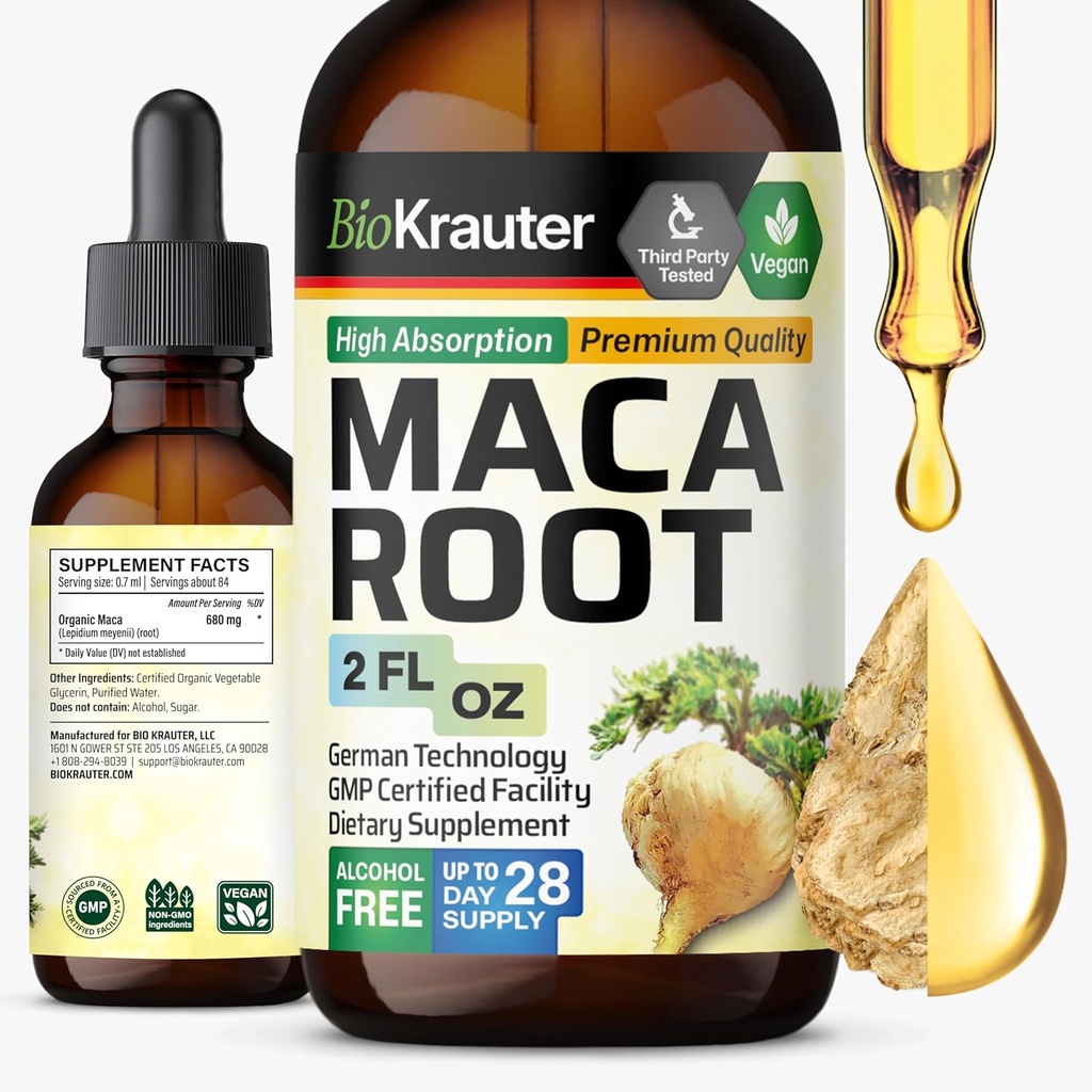 BIO KRAUTER gouttes liquides de racine de maca - Teinture de racine de maca - Vegan, sucre et sans alcool extrait 2 Fl.Oz.