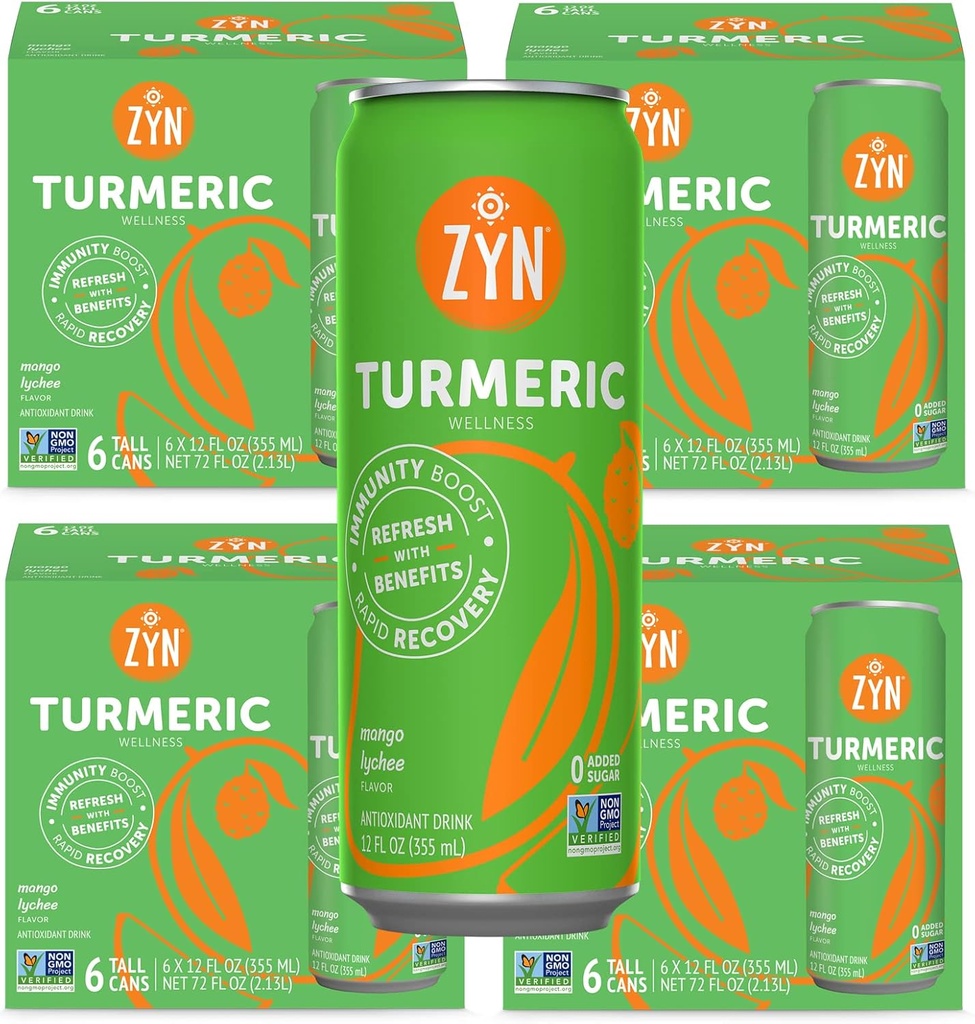 ZYN Turmeric Wellness Drink (24 Pack), Mango Lychee Aromatisé curcumin curcumin boisson avec poivre noir, pas de sucre ajouté, faible teneur en glucides et faible teneur en calories boisson, alternative propre
